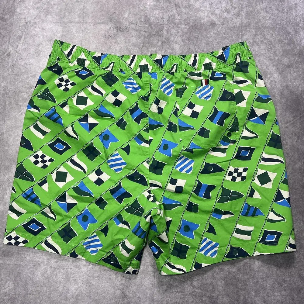 Tommy Hilfiger Swim Trunks Mens 2XL Green Retro Nautical Flag Lined Drawstring